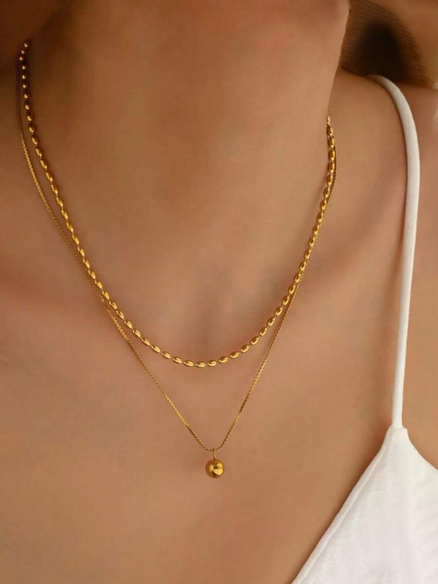 经典双仿珍珠链圆球吊坠防水不锈钢珠宝项链，时尚女士珠宝配饰