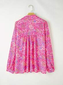 Acelitt Summer Fashion Abstract Print Long Sleeve Loose Polo Collar Pullover Shirt