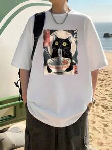 Summer Women Cartoon Black Cat, Noodles, Geometric Pattern Letter Pattern T-Shirt