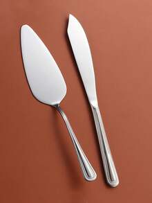 2pcs Stainless Steel Patterned Cake Server & Knife Set - Wedding Birthday Cake Spatula Bread Knife Pizza Shovel Dual-End Patterned Cutlery Flatware