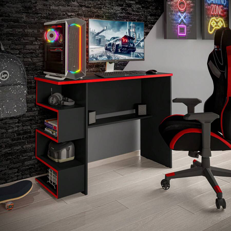 Elite Gaming Computer Table – Compact Desk With Side Niches – Ideal For Study, Work Or Games – Assorted Colors - Red - View 1