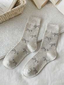 5 أزواج (شحن عشوائي) جوارب نسائية عصرية ، جوارب متوسطة الساق مع زخرفة فيونكة رقيقة ، متعدد الاستخدامات لجميع المواسم