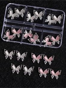 12 件猫眼蝴蝶形合金水钻美甲装饰 - 3D 镂空设计，适用于指甲贴花美甲用品指甲饰物美甲宝石 - 銀色 - 查看 1