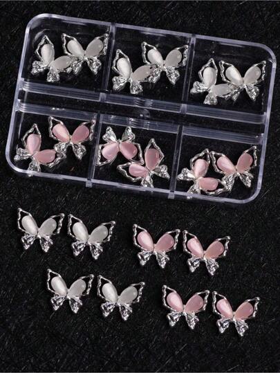 12 peças de decoração para unhas com strass em formato de olho de gato e borboleta - design vazado 3D, adequado para apliques de unhas, suprimentos para unhas, pingentes para unhas e joias para unhas