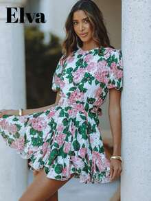 ELVA Women's Floral Print Bohemian Ruffle Tie Back Puff Sleeve Mini Dress, Suitable For Back To School, Concerts, Valentine's Day, New Year - White - View 2