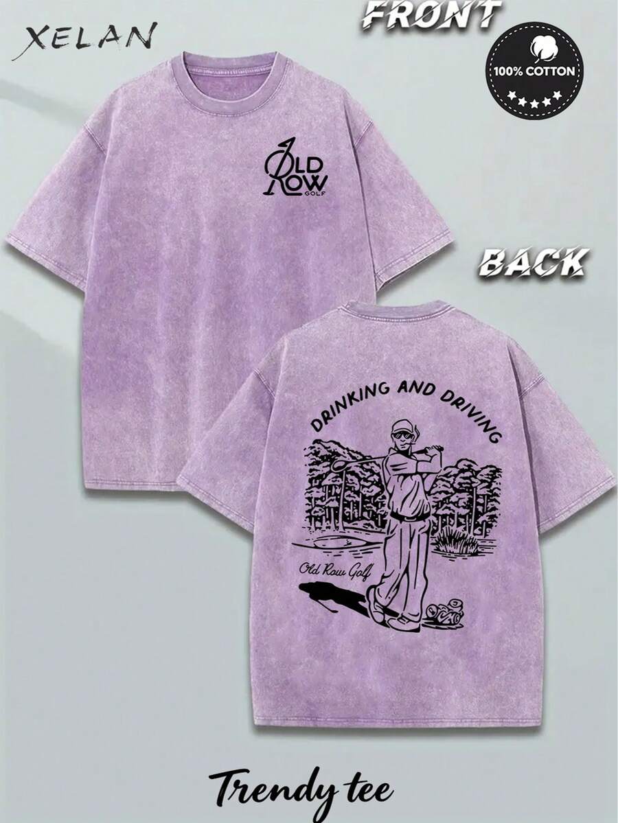 230G Washed Pure Cotton T-Shirt, Unisex, With 'DRINKING AND DRIVING Old Row Golf' Text And Golfer Pattern Print, Outdoor Sports T-Shirt |   Loose Fit |   Soft Knitted T-Shirt - 紫色 - 查看 1