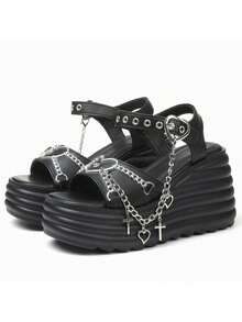 Y2K Style New Spring/Summer Slope Heel Thick Bottom Women's Fashion Sandals Slippers Comfortable Casual Shoes Women's Gothic Style Cross Chain Detail Platform Sandals - 黑色 - 查看 10