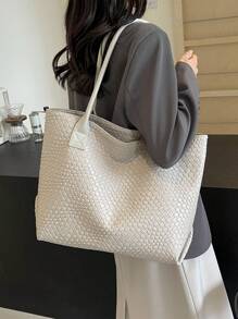 高端时尚仿编织工艺设计女士手提包，简约风格纯色单肩包，休闲百搭夏季新款校园单肩包，适合大学生日常逛街出行，轻便大容量收纳学生手提包，