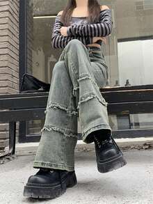 Quần Jeans Nữ Cạp Cao Denim Rửa Sạch Thường Ngày Màu Trơn, Mặc Hàng Ngày Mọi Mùa - Màu xanh lam - Xem 1