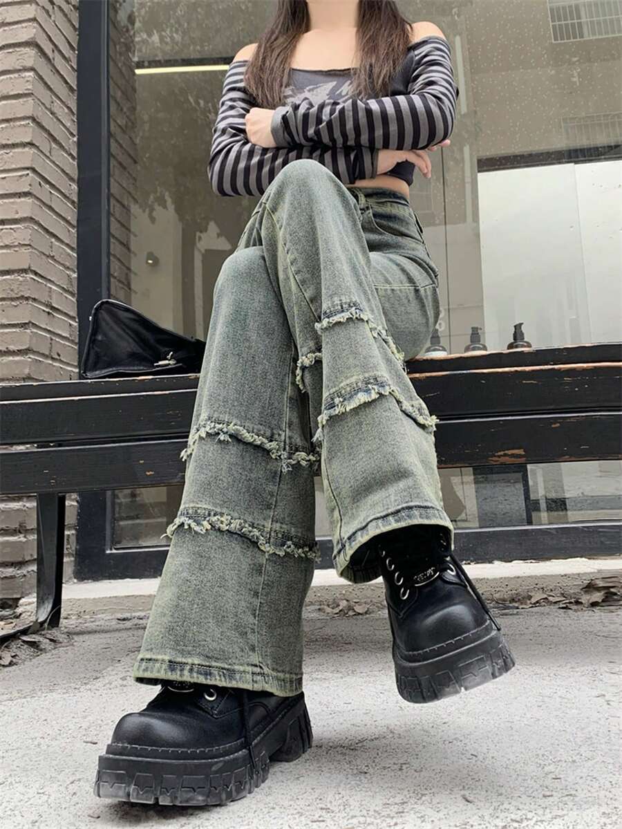 Quần Jeans Nữ Cạp Cao Denim Rửa Sạch Thường Ngày Màu Trơn, Mặc Hàng Ngày Mọi Mùa - Màu xanh lam - Xem 1