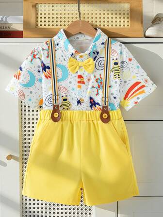 2pcs/Set Boys Gentleman Sun Graphic Bowtie Short Sleeve Shirt & Suspender Shorts, Party Formal Set For Summer