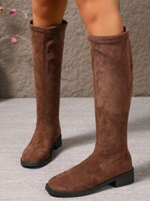 【尺码偏小一码】女士圆头棕色绒面过膝长靴，2025秋冬新款必备单品，弹力修身高筒靴，柔软舒适内衬