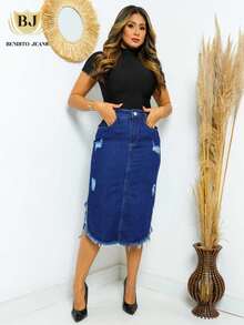 Premium Denim Skirt With Side Slit And Destroyed Detail
