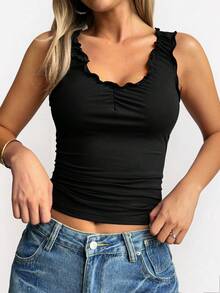 Vaiaye Women's Solid Color Frill Trim V-Neck Cropped Form-Fitting Camisole Suitable For Back To School,Sport And Daily - Black - View 10