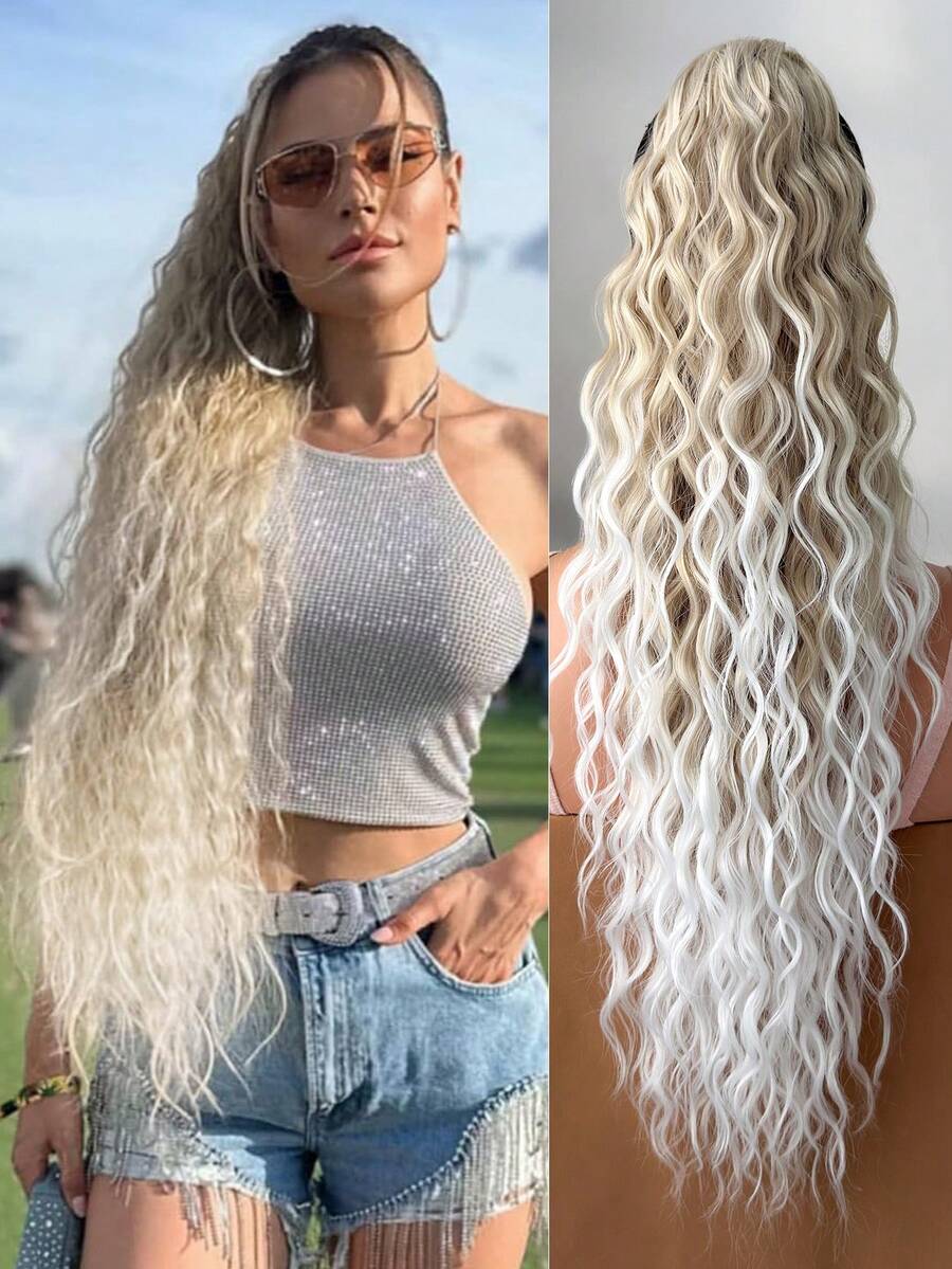26 Inch Wavy Curly Elastic Claw Ponytail Hair Extensions, Heat Resistant, Black
