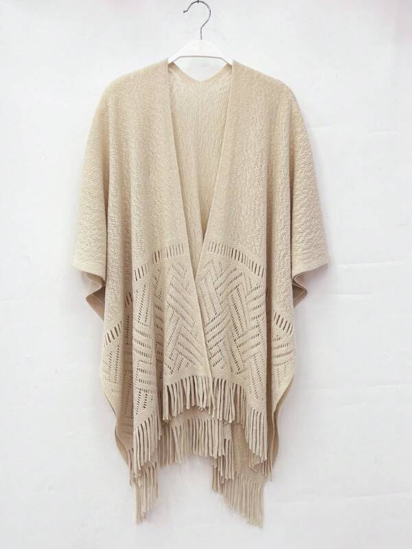1pc Women's Fashion Jacquard Knitted Shawl Poncho, Solid Color, Bohemian Style, Warm Outerwear, Suitable For Daily Use, Autumn/Winter