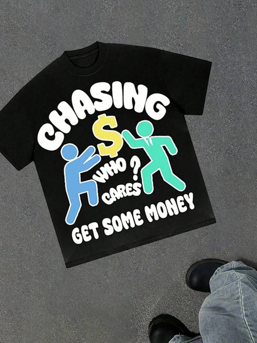 CHASING  Y2K Gothic Clothing(Cotton T-Shirt) Men's Round Neck Short-Sleeved Cotton Casual T-Shirt, Loose Style, Versatile, Unisex, Suitable For Holiday Travel! - 黑色5 - 查看 1