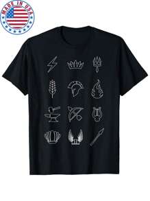 Camiseta griega con símbolos de la mitología griega para los 12 dioses y diosas