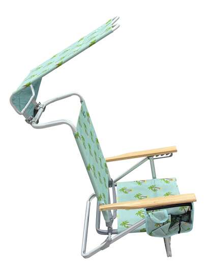 FENGSEN Silla de Playa Reclinable con 5 Posiciones y Toldo – Silla Plegable de Aluminio con Reposabrazos de Madera, Porta Vasos y Bolsa de Almacenamiento, Ideal para Playa, Camping y Jardín