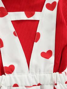 2 Pcs Infant Valentines Day Outfits, Girls Ribbed Long Sleeve High Collar Pullover + Love Print Suspender Skirt - Rojo - Ver 8