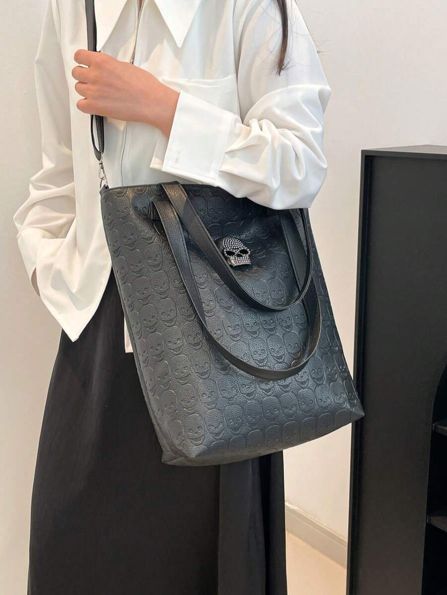 时尚骷髅图案托特包，大容量男女通用单肩包/斜挎包