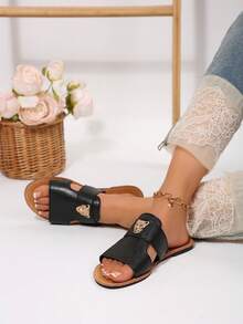 2024 Summer Fashion Tiger Head Buckle Decor Flat Slip-On Mule Sandals, Vintage Casual Open Toe Slippers - Black - View 2
