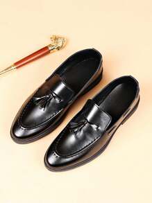Men's Slip-On Loafers Shoes With Tassel Decoration, Soft Sole Business Casual Leather Shoes