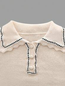 Kontrast Spitze Laternärmel Top + Elastische Taille Schleife Rüschen Saum Strick Shorts Set - Aprikosenfarben - Übersicht 5