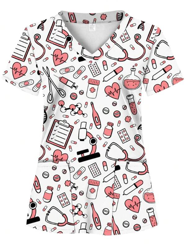 Camice da donna rosa con stampa di strumenti e 2 tasche, comoda maglietta adatta per professionisti sanitari - morbida, traspirante, uniforme pratica per ospedali, cliniche dentistiche, saloni di bellezza e istituzioni, abbigliamento da lavoro per infermieri