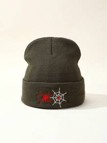 Unisex Spider Web Embroidered Knit Beanie Hat, Suitable For Holiday And Daily Wear