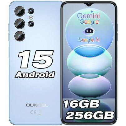  OUKITEL C1 Pro 智能手机，Android 15 操作系统，16GB+256GB/1TB 存储空间，5150mAh 电池，6.52 英寸高清+显示屏，1300 万像素摄像头，双 4G SIM 卡槽，无锁，3 个卡槽/指纹识别/OTG/3.5mm 耳机插孔