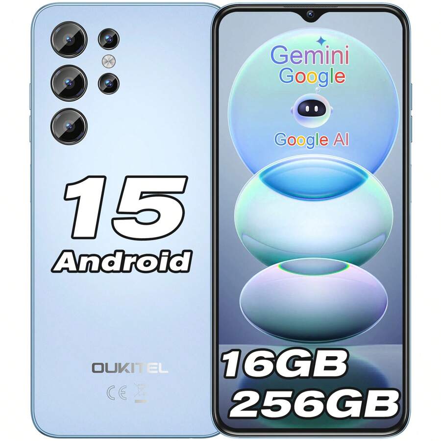 OUKITEL C1 Pro 智能手机，Android 15 操作系统，16GB+256GB/1TB 存储空间，5150mAh 电池，6.52 英寸高清+显示屏，1300 万像素摄像头，双 4G SIM 卡槽，无锁，3 个卡槽/指纹识别/OTG/3.5mm 耳机插孔 - 藍色 - 查看 1