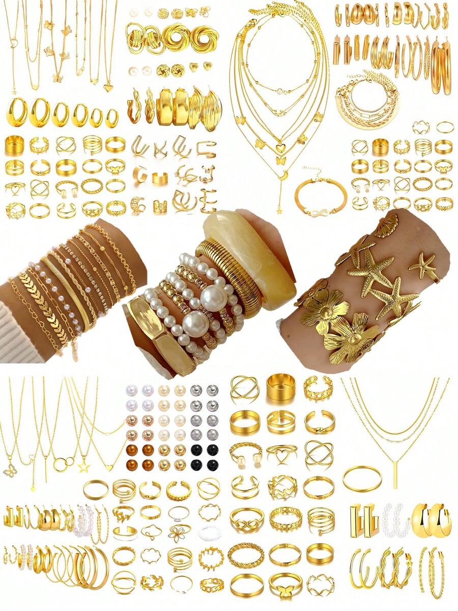 86/68/61/58/40/35 Stücke Vintage elegantes Mode Multi-Element Kunstperle Herz Schmetterling Seestern Muschel Blume Blatt Kubikzirkonia Bling geometrische Linie verdrehtes Cut Out Design Halskette Ohrringe Ring Armband Schmuckset, personalisiertes minimalistisches raffiniertes Design, geeignet für Schmuck, Urlaub, Party, Date, Alltag
