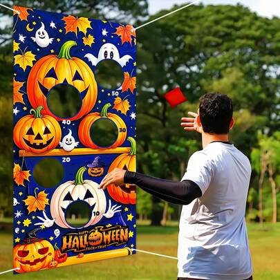 Halloween Party Game Banner - Large Carnival Trivia Throw Game With Pumpkin & Ghost Design, Durable Polyester, Perfect For Family Gatherings & Celebrations, No Power Required, 1pc, Halloween Decorations