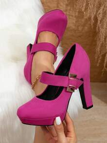 Ladies' Elegant Thick Heel High Heels, Elegant Solid Color Mary Jane Shoulder Strap Casual Shoes, Comfortable Office Shoes - 玫紅色 - 查看 1