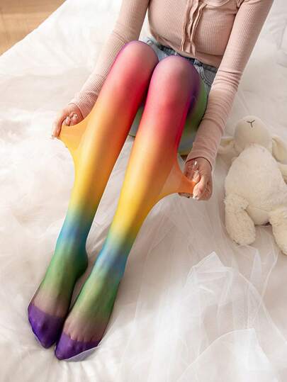 1 件装新款彩虹渐变彩色条纹薄款连裤袜，时尚款式