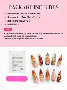 10 piezas de uñas postizas de punta francesa hechas a mano de medio tamaño de almendra, con decoración de estampado de leopardo y flor 3D, con accesorio de polvo de espejo mágico, estrella dorada y diseños con brillos, uñas postizas de estileto de cobertura completa reutilizables para uso diario de mujeres y niñas