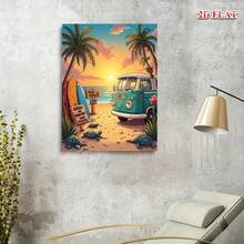 1pc, Beach Canvas Wall Art, Tropical Palm Tree Van Scene, Solid Wood Frame, Ready To Hang. Coastal Decor, Beach House Art, Living Room, Bedroom, Office Art, Summer Vibes, Sunset Wall Art, Turtle Beach Van Print, Framed Canvas Art, Easy Install, Tropical Getaway Wall Art. - Multicolor - View 3