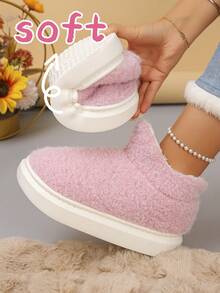 加大码冬季新款粉色羊毛全覆盖高帮女式厚底家居拖鞋，室内毛绒保暖轻便防滑静音一脚蹬仿皮毛穆勒鞋 - 粉色 - 查看 1