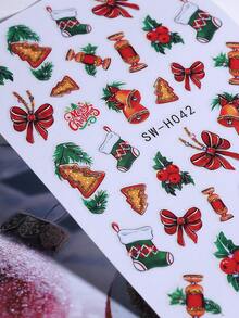 2 件圣诞树闪光蝴蝶结铃铛袜子糖果贴纸指甲贴花 3D 闪光节日 DIY 自粘指甲贴花艺术设计美甲装饰节日礼物送给女士女孩