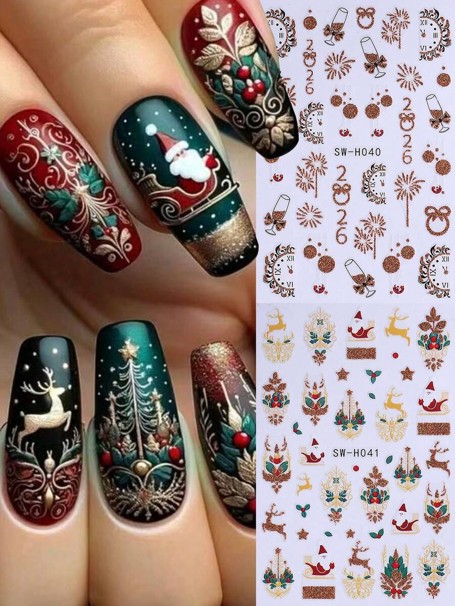2PCS Thiết kế nghệ thuật làm móng Giáng sinh, Miếng dán móng tay lấp lánh hình ngôi sao hươu, đồng hồ ông già Noel, ly rượu vang, ly sâm panh, họa tiết pháo hoa, miếng dán móng tay nghệ thuật 3D, miếng dán tự dính cho đồ dùng làm móng bằng acrylic, thiết kế móng tay tự làm tại nhà ngày lễ - Nhiều màu - Xem 1