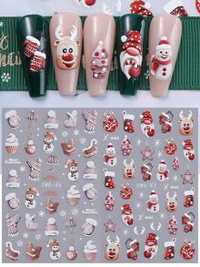 2张红色圣诞5D立体美甲贴纸，图案包括圣诞老人、雪人、雪花、球棒、帽子、围巾、靴子等节日元素，自粘式DIY美甲贴片，美甲用品，送给女性和女孩的礼物 - 彩色 - 查看 6