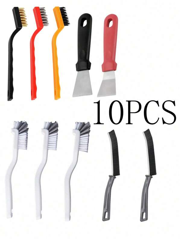 10pcs Multipurpose Cleaning Brush Set, Long Handle Stove Brush, Gas Stove, Oven, Cup Lid, Juicer, Tile Crevice Cleaner, Window Groove Dust Brush, Wall Mount Knife Cleaner