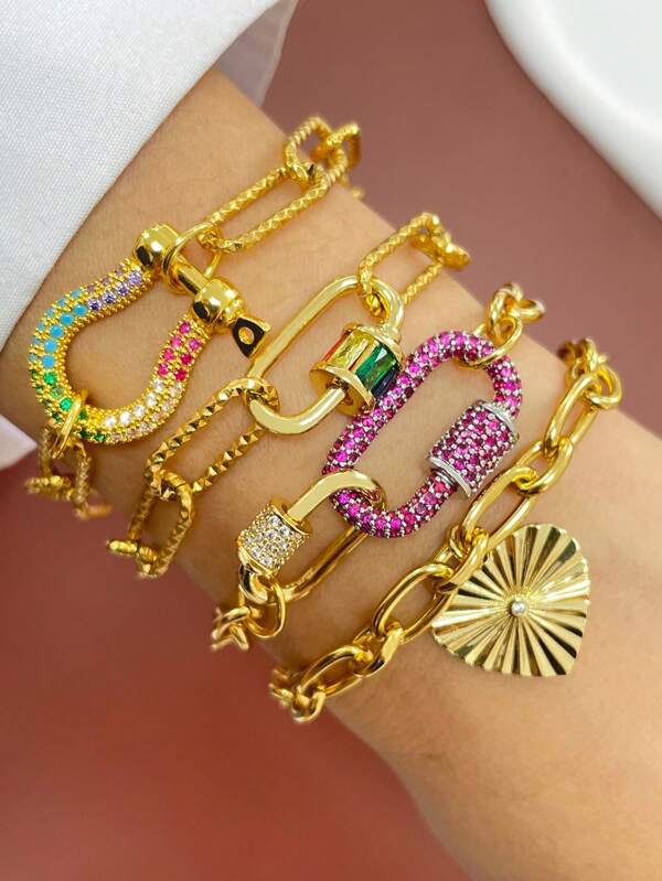 1 Pieza de hebilla de montañismo de formas geométricas múltiples, pulsera con colgante de corazón dorado, joyería de cadena de acero inoxidable, exclusiva, sencilla, regalo festivo, regalo de joyería de lujo ligero