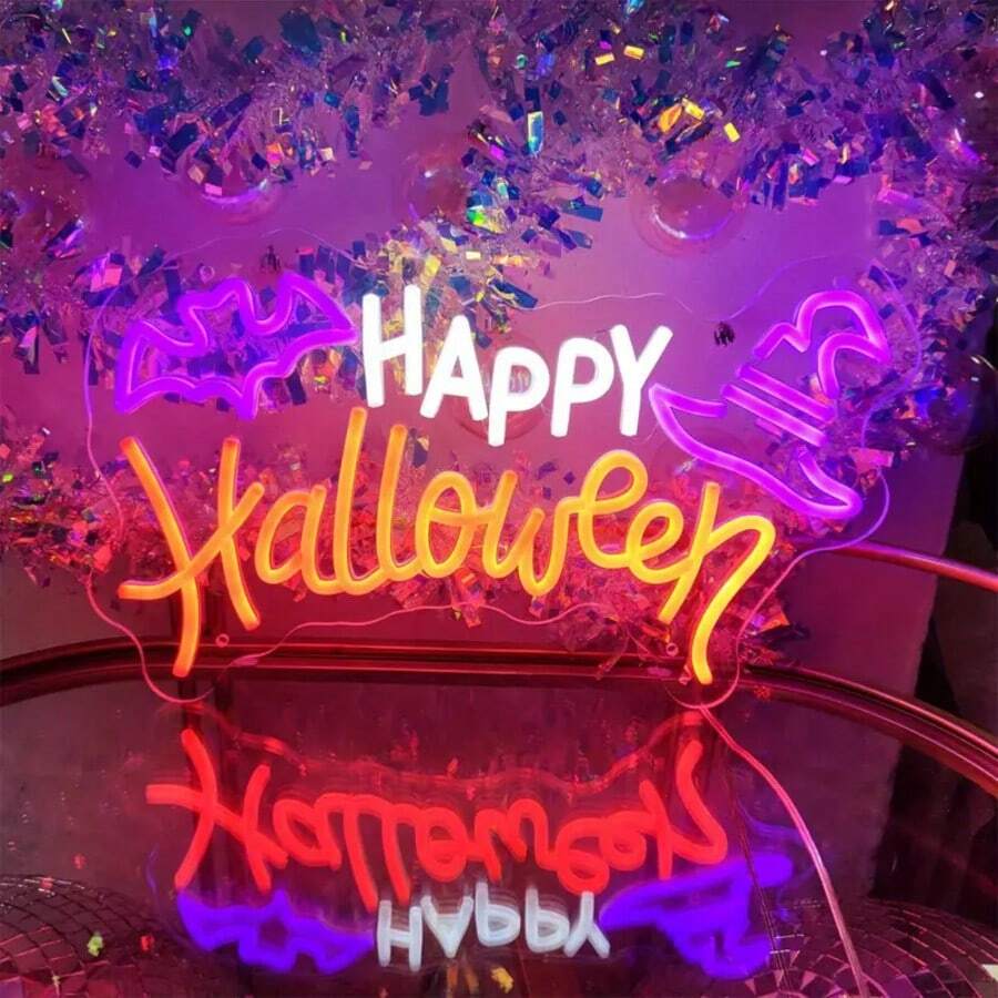 万圣节快乐 LED 霓虹灯 - 亮度可调，USB 供电，壁挂式装饰，适合派对、婚礼、酒吧等 - 抛光塑料万圣节装饰灯家居装饰派对装饰万圣节装饰房间装饰万圣节花园装饰礼物仙女 - 白色+橙色+紫色 - 查看 1