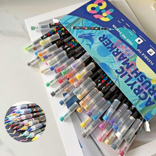 Direct Liquid Acrylic Paint Pens, 12/24/36/48 Colors Acrylic Paint Pens, Soft Brush Tip, Water-Based Acrylic Markers, For Fabric, Canvas, Rock, Glass, Wood, Paper, School And Art Supplies