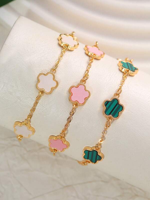 Set de 3 piezas Pulsera encantadora trenzada con flores de lujo para mujeres, en colores negro, blanco y rosa a juego, de moda y casual, adecuada para uso diario