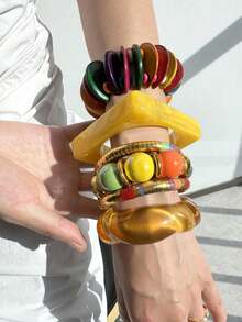 1 件彩色木质螺旋和黄色树脂手链，夏季假日装饰手链 - 彩色 - 查看 5