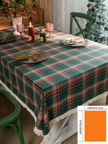 1pc Green Plaid Woven Tablecloth, Vintage American Style With Tassels, Rectangular For Dining Table, Coffee Table, TV Stand, Bedside Cabinet, Suitable For Christmas Holiday Family Gathering Party Decor, Creates Festive Atmosphere - Green - View 15