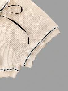 Kontrast Spitze Laternärmel Top + Elastische Taille Schleife Rüschen Saum Strick Shorts Set - Aprikosenfarben - Übersicht 7